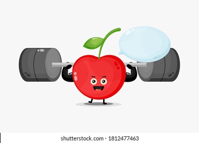 Cute cherry mascot raises a barbell