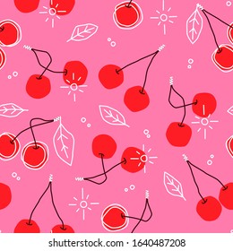 Cute cherry with peduncle vector clipart styled as seamless pattern. Fruit, doodle foliage and shine repeating design in red and pink colors for fabric, gift bag or bedding textile.