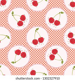 Cute cherry polka dot vector illustration. Seamless repeating pattern. Hand drawn kawaii dotty red cherries background. 1950's style retro kitchen decor, kids textiles, 5aday fruit all over print.