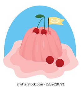Cute cherry pudding with sweet vanilla cream Vector illustration for bakery and desserts