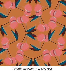 Cute cherry seamless pattern. Good for textile wrapping and wallpapers. Sweet ripe cherries background.