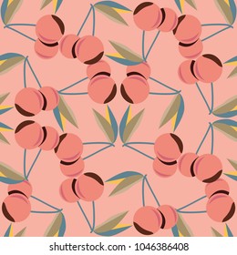 Cute cherry seamless pattern. Good for textile wrapping and wallpapers. Sweet ripe cherries background.