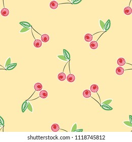 Cute cherry seamless pattern. Good for textile, wrapping, wallpapers, etc. Sweet red ripe cherries isolated. Vector illustration.