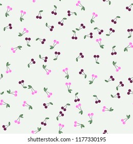 Cute cherry seamless pattern. Good for textile, wrapping, wallpapers, etc. Sweet red ripe cherries isolated. Vector illustration.