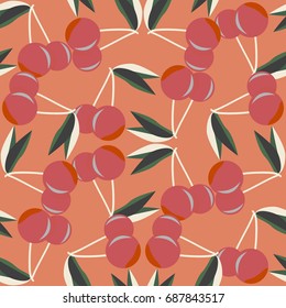 Cute cherry seamless pattern. Good for textile wrapping and wallpapers. Sweet ripe cherries background.