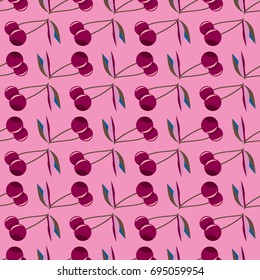Cute cherry seamless pattern. Good for textile wrapping and wallpapers. Sweet ripe cherries background.