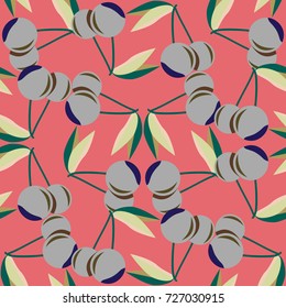 Cute cherry seamless pattern. Good for textile wrapping and wallpapers. Sweet ripe cherries background.