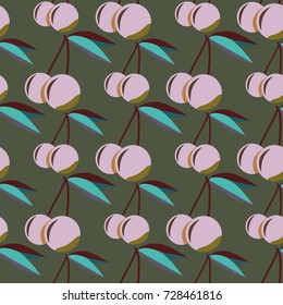 Cute cherry seamless pattern. Good for textile wrapping and wallpapers. Sweet ripe cherries background.