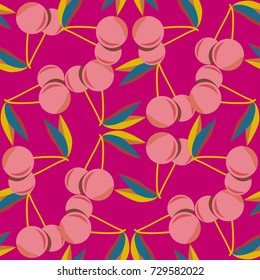 Cute cherry seamless pattern. Good for textile wrapping and wallpapers. Sweet ripe cherries background.