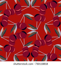 Cute cherry seamless pattern. Good for textile wrapping and wallpapers. Sweet ripe cherries background.