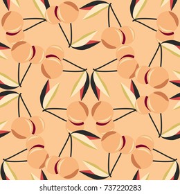 Cute cherry seamless pattern. Good for textile wrapping and wallpapers. Sweet ripe cherries background.
