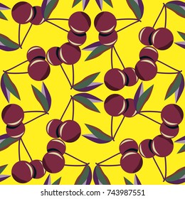 Cute cherry seamless pattern. Good for textile wrapping and wallpapers. Sweet ripe cherries background.