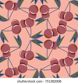 Cute cherry seamless pattern. Good for textile wrapping and wallpapers. Sweet ripe cherries background.