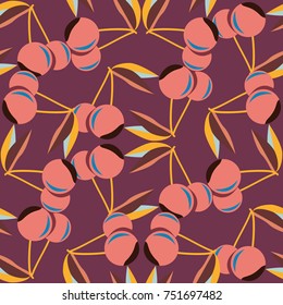 Cute cherry seamless pattern. Good for textile wrapping and wallpapers. Sweet ripe cherries background.