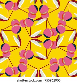 Cute cherry seamless pattern. Good for textile wrapping and wallpapers. Sweet ripe cherries background.