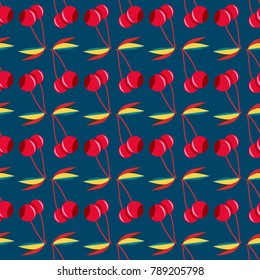 Cute cherry seamless pattern. Good for textile wrapping and wallpapers. Sweet ripe cherries background.