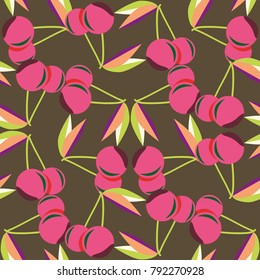 Cute cherry seamless pattern. Good for textile wrapping and wallpapers. Sweet ripe cherries background.