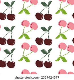 Cute cherry seamless pattern. Hand drawn cherries wallpaper. Design for fabric, textile print, wrapping paper, kitchen textiles, cover. Simple vector illustration