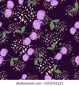 Cute cherry seamless pattern. Hand drawn cherries wallpaper. Design for fabric, textile print, wrapping paper, kitchen textiles, cover. Simple vector illustration