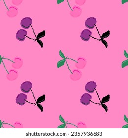 Cute cherry seamless pattern. Hand drawn cherries wallpaper. Design for fabric, textile print, wrapping paper, kitchen textiles, cover. Simple vector illustration