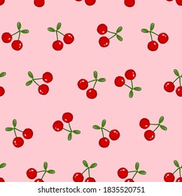 Cute cherry seamless pattern on pink background vector illustration. Hand drawn fruit pattern for print.