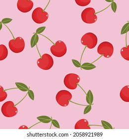 Cute cherry seamless pattern on pink background, wrapping paper, vector textile fabric print vector illustration.