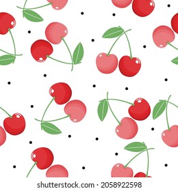 Cute cherry seamless pattern on white background, wrapping paper, vector textile fabric print vector illustration.