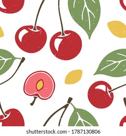 Cute cherry seamless pattern. Ripe cherry, cherry lobules and leaves on white background. Vector shabby hand drawn illustration