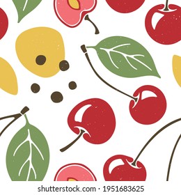 Cute cherry seamless pattern. Ripe berries, cherry lobules, twigs, seeds and leaves on white background. Vector shabby hand drawn illustration