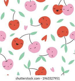 Cute cherry seamless pattern. Simple and stylish fruit design for kids fabric or wallpaper. Vector cherry seamless texture.  Cute baby print design.