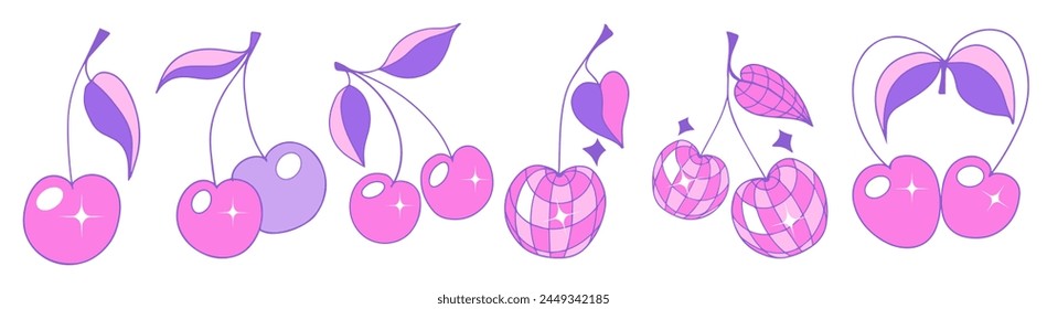 Cute cherry set y2k 90s style. Berry girly romantic icon for card, sticker, print design. Pink glamour vector illustration.