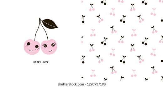 Cute cherry sisters characters illustration. Cherry berry seamless pattern. Pink colour. Perfect for baby girl fabric, textile, apparel, pyjamas, t-shirt print design