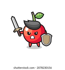 cute cherry soldier fighting with sword and shield , cute style design for t shirt, sticker, logo element