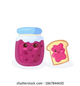 Cute cherry, strawberry jam on sliced bread. Vector illustration in flat cartoon style on white background. Kawaii sandwich, jam jar characters with happy smile. Kids menu bright design element.