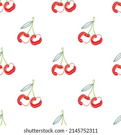 Cute Cherry. Summer Design With Berry. Abstract Fruits In Hand-drawn Doodle Style. Vector Creative Fruity Texture. Great For Fabric, Textile, Paper And Printing.