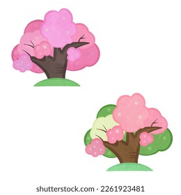 Cute cherry tree illustration set