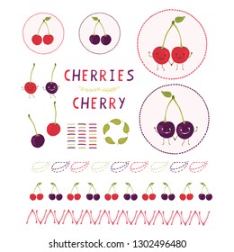 Cute cherry vector illustration clipart set. Hand drawn kawaii cherries leaf elements collection and borders. Juicy natural vitamin food motif. Kitchen decor, kids summer fruit stickers, h5aday label.