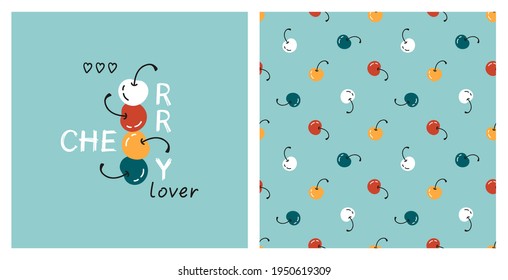 Cute Cherry Vector Set. Seamless Pattern and Print or Poster with Cherries. Summer Background and Card with Berries.