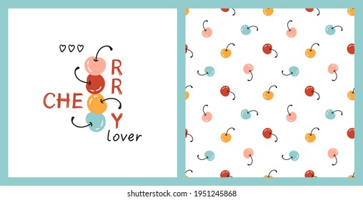 Cute Cherry Vector Set. Seamless Pattern and Print or Poster with Cherries. Summer Background and Card with Berries