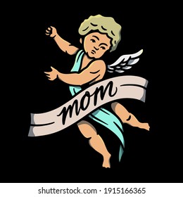 Cute Cherub with Mom Banner Old School Tattoo Illustration