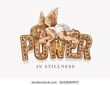 querubim bonito dormindo no poder texto dourado slogan gráfico vetor ilustração