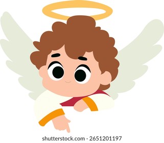 Anjo Querúbico Bonito Menino Apontando Para Baixo Espiando, Ângulo Espiando