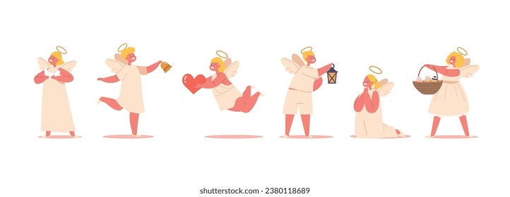 Cute, Cherubic Angel In Various Playful Poses. Heaven-sent And Sweet Characters With Rosy Cheeks And Gentle Smiles