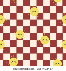 Cute chess board seamless pattern with cute smile object. Red. Art design checkered, checkerboard, chessboard. Abstract concept graphic element
