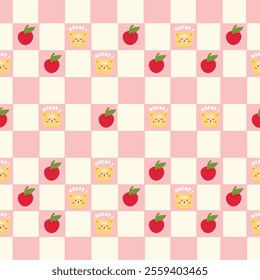 Cute chess board seamless pattern with cute bear and apple. Pink. Pastel Color. Art design checkered, checkerboard, chessboard. Abstract concept graphic element
