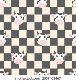 Cute chess board seamless pattern with cute cow. Black. Art design checkered, checkerboard, chessboard. Abstract concept graphic element
