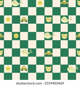 Cute chess board seamless pattern with cute object. Green. Art design checkered, checkerboard, chessboard. Abstract concept graphic element