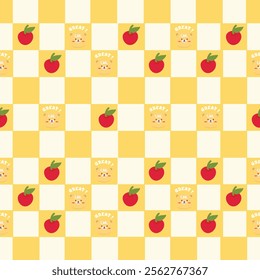 Cute chess board seamless pattern with cute bear and apple. Yellow. Pastel Color. Art design checkered, checkerboard, chessboard. Abstract concept graphic element
