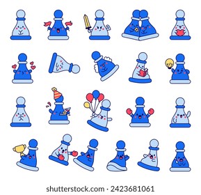 Cute chess pawn with happy face. Cartoon kawaii character. Hand drawn style. Vector drawing. Collection of design elements.