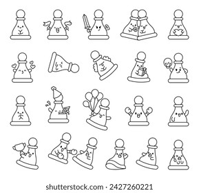 Cute chess pawn with happy face. Coloring Page. Cartoon kawaii character. Hand drawn style. Vector drawing. Collection of design elements.